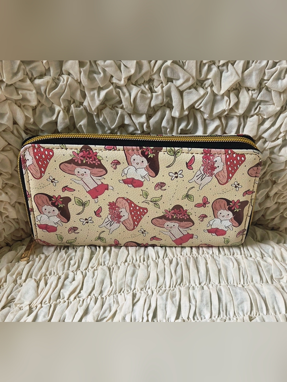 Whimsical Mushroom-Themed Zip-Around Vegan Faux Leather  Wallet
